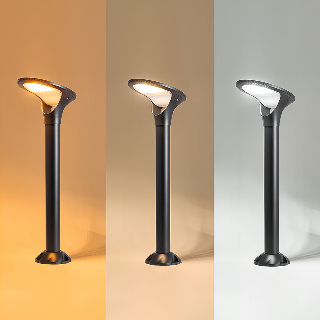 Triple view of the black aluminum solar bollard lights showcasing warm, neutral, and cool white color temperatures.