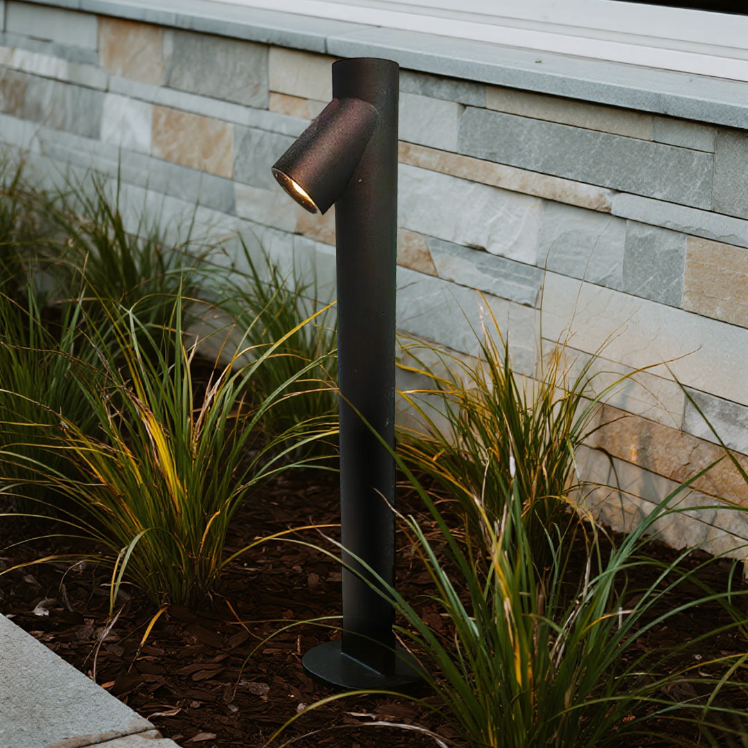 LED path light creating dramatic lighting effect in tropical garden setting with exotic plants