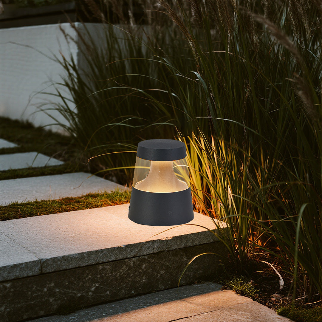 LED path light enhancing tropical garden design with palm plants and warm ambient evening lighting