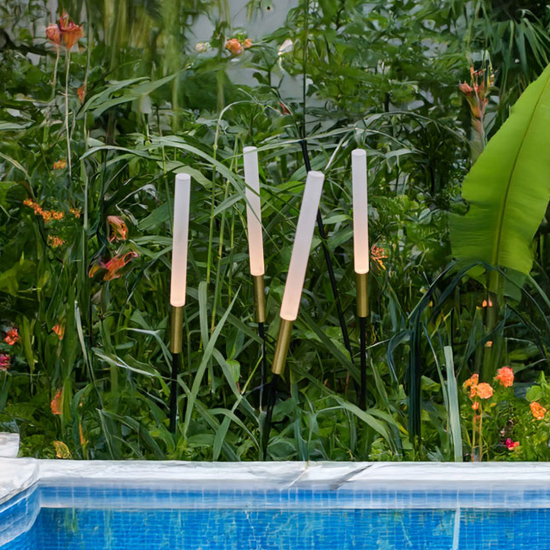 Tropical landscape spike light installation by poolside with lush greenery showcasing modern outdoor lighting solutions