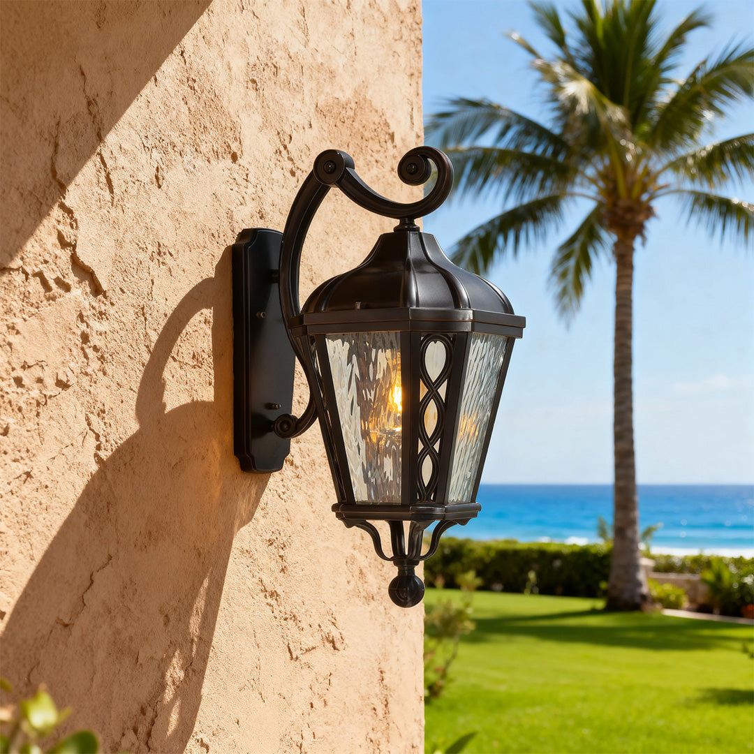 Vintage outdoor sconce in a tropical setting, elegant and functional exterior lighting