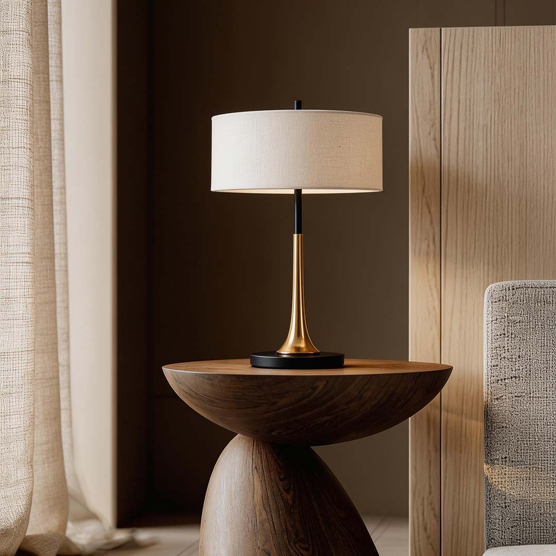Minimalist trumpet gold fabric table lamp with drum shade on a sculptural organic wooden table.
