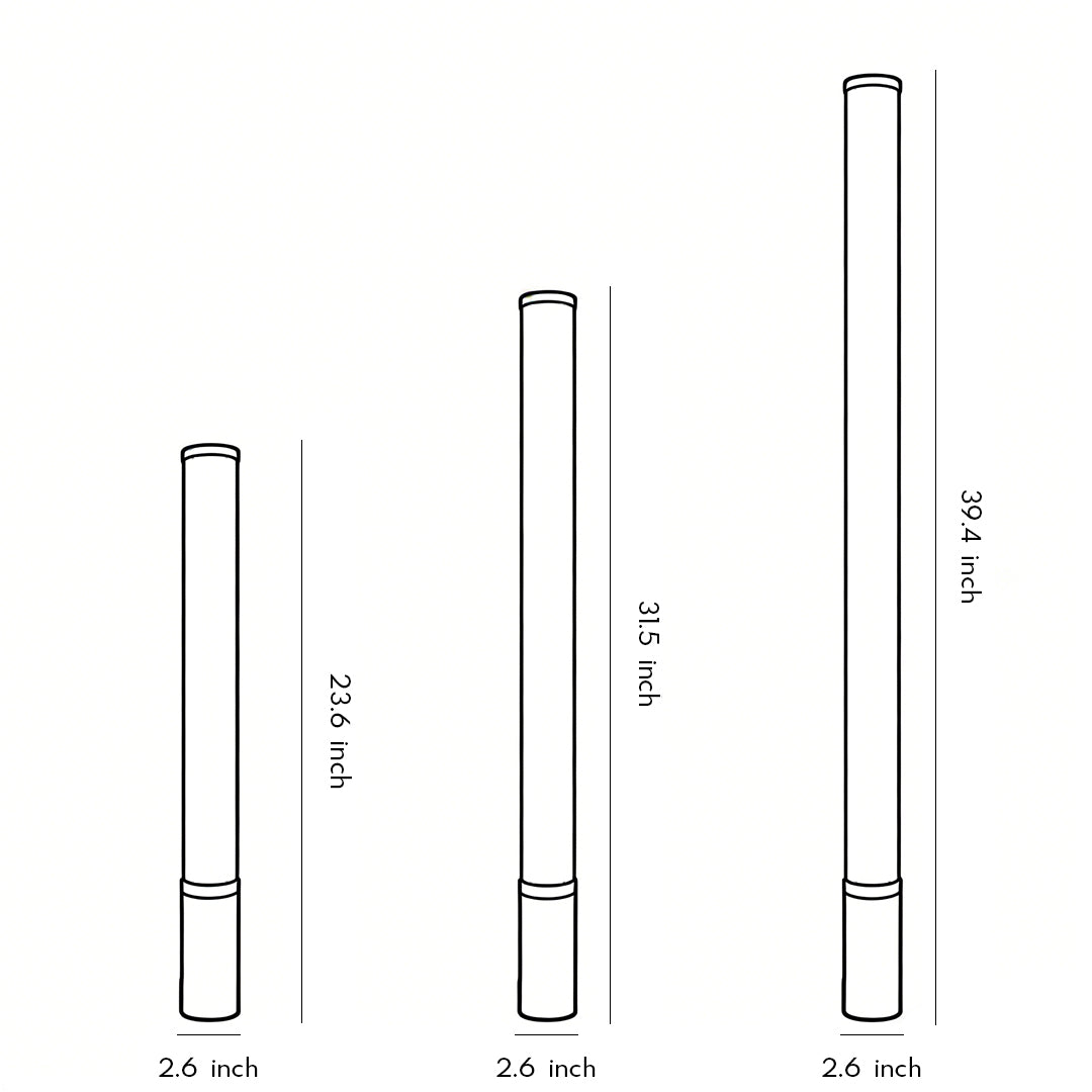 Dimension diagram of tube landscape light, showing various sizes for installation.