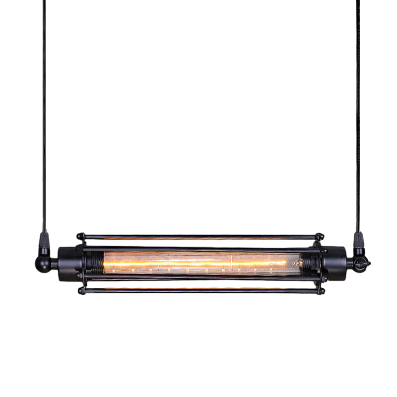 Tube pendant light with a black metal frame and illuminated tube for ambient lighting.