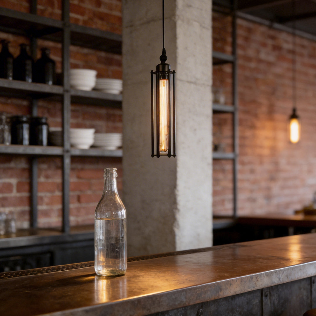 Tube pendant light with a sleek black design hanging above a bar counter.