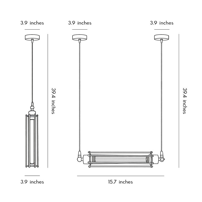 Technical diagram of tube pendant light showing dimensions and installation details.