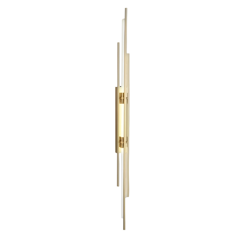 Detailed view of tube wall sconce mounting base and light diffusion.