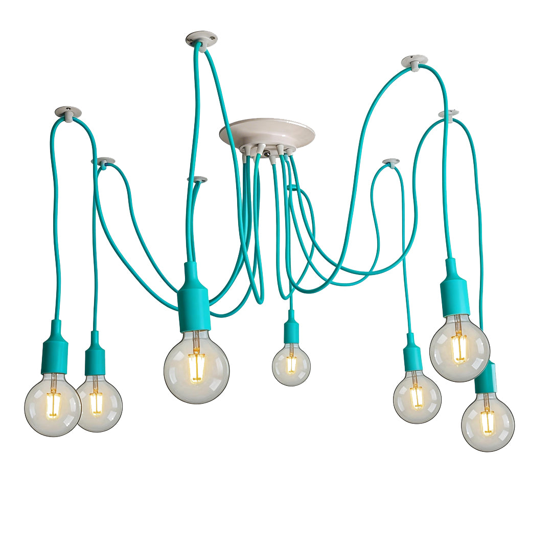 Vibrant turquoise spider chandelier for creative interior lighting design.