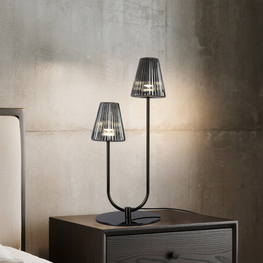 Twin head elegant table lamps with smoke glass shades on a minimalist black wood nightstand set