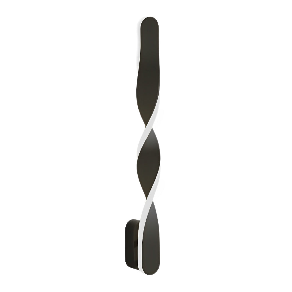 Twisted LED wall lights with a sleek black design, enhancing a contemporary living room.