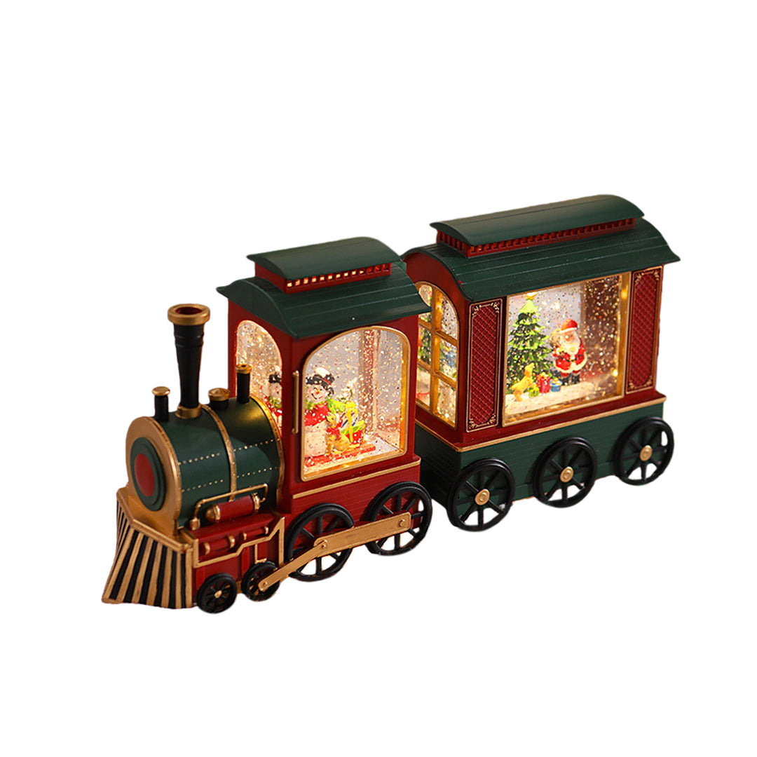 Two-car Christmas train light set with festive glowing scenes and classic holiday colors.