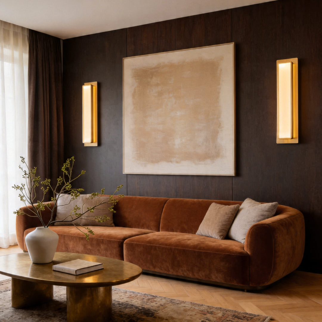 Two gold wall light fixtures flanking abstract art on a dark wood wall above a plush brown sofa.