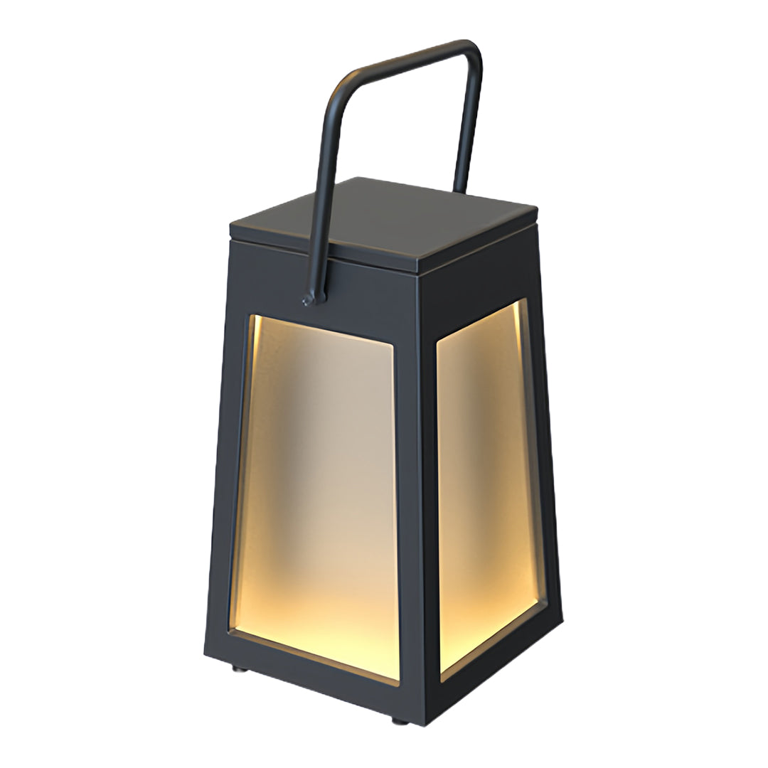 Two isolated product shots of the black square camping lantern featuring a top handle and frosted light panels.
