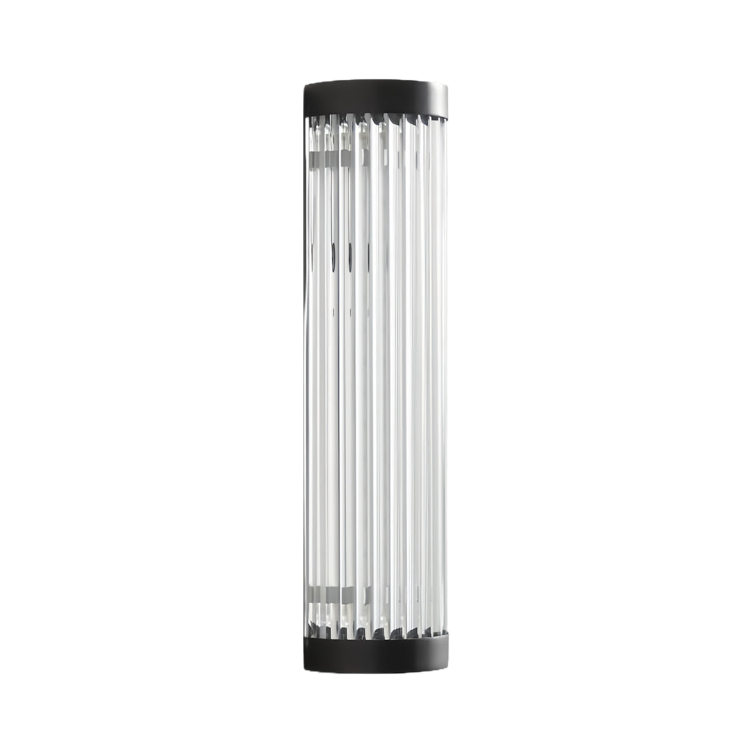 Two isolated product views of the vertical outdoor wall LED light with clear, fluted glass and black metal caps.