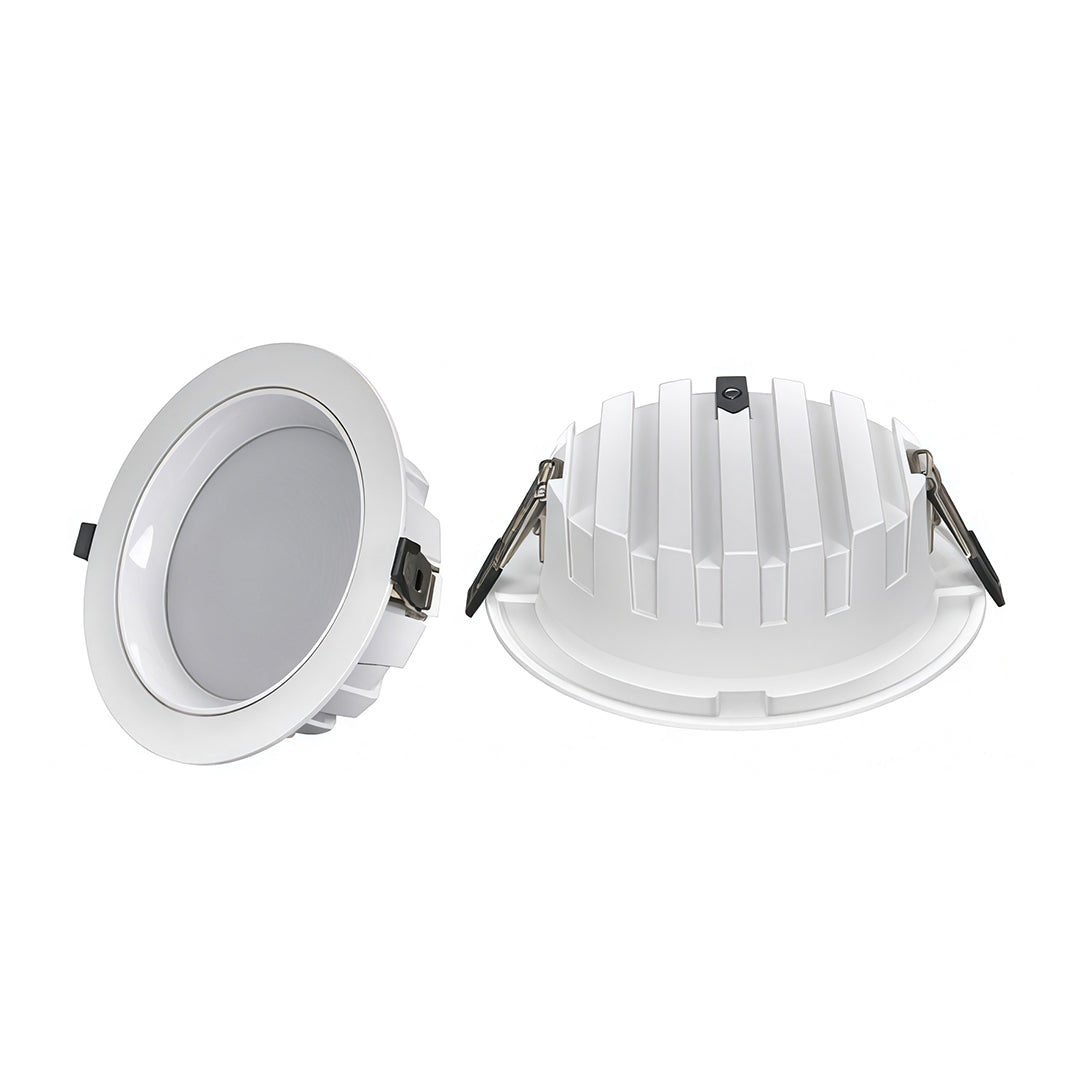 Two LED recessed downlights showing front and back views with heat sink and driver components