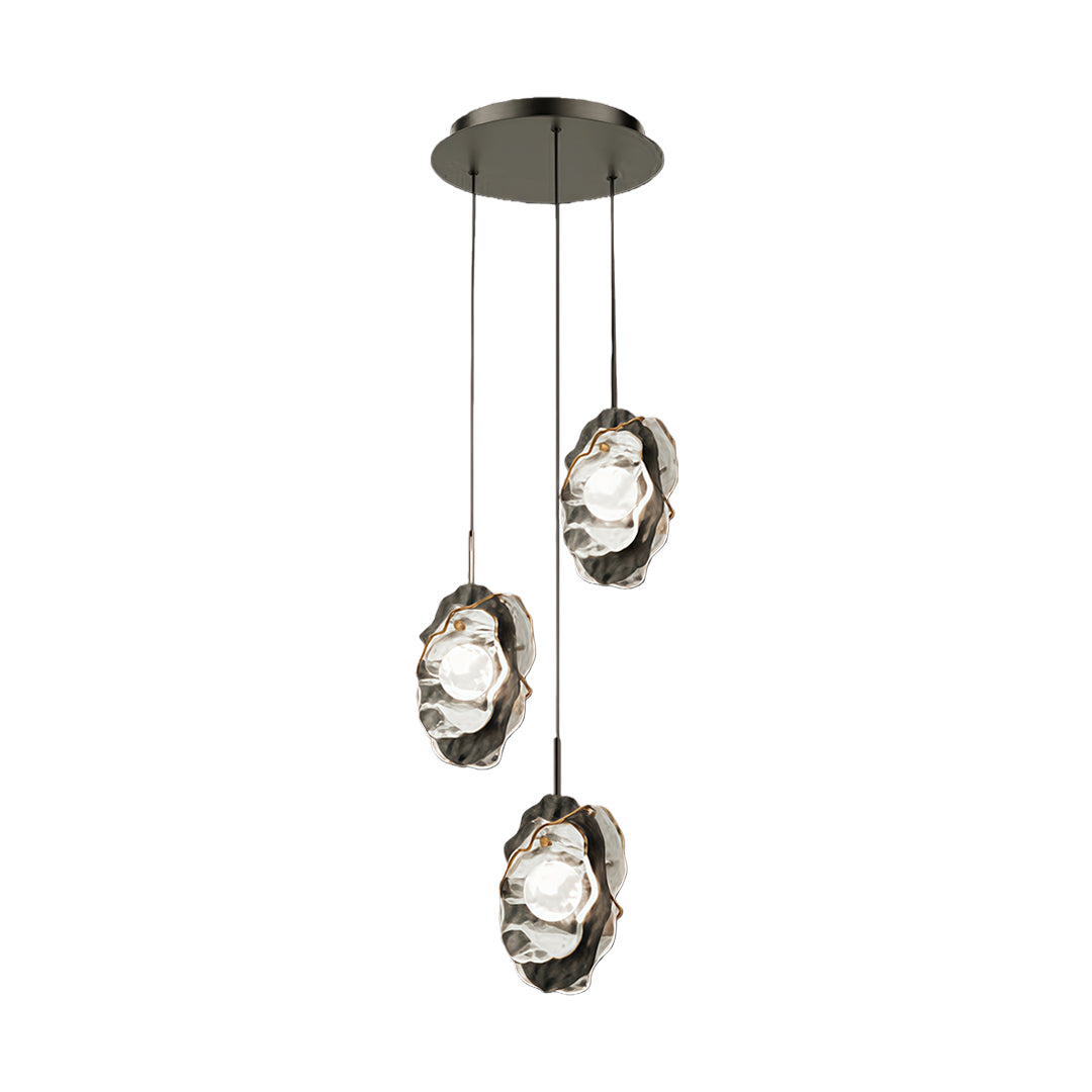 Two-light fun pendant light with cascading organic glass shades suspended from round ceiling mount