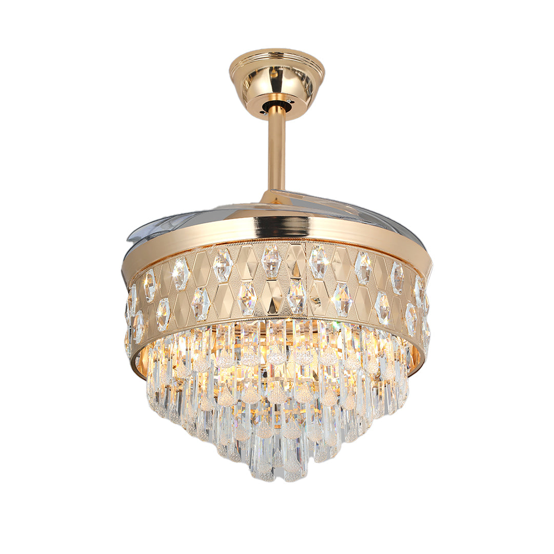 Two-tier ceiling fans with crystal lights and hidden blades in polished gold finish 
