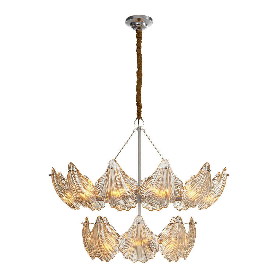 Modern luxury chandeliers featuring two-tier chrome with layered glass leaf design