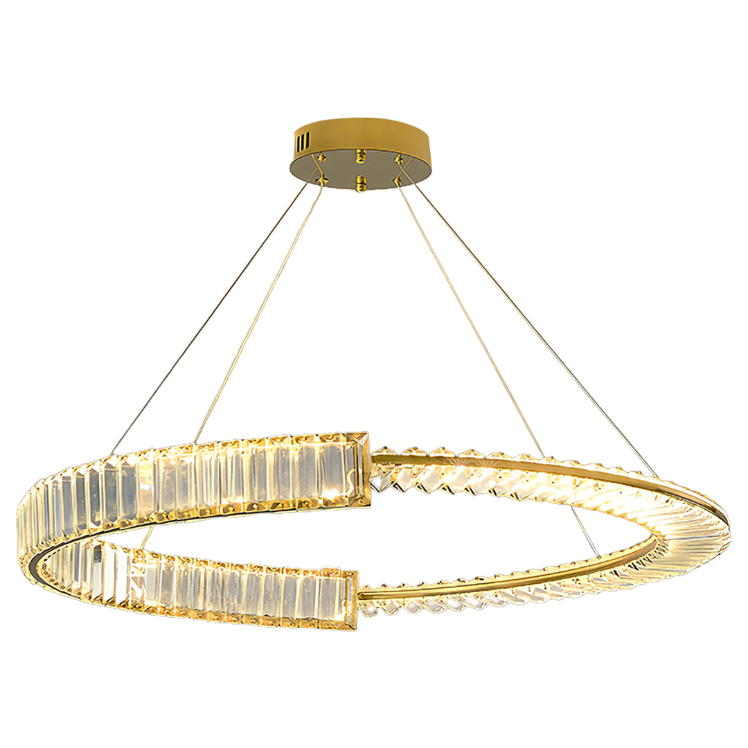 Two-tier gold crystal chandelier with double ring design creating elegant lighting display