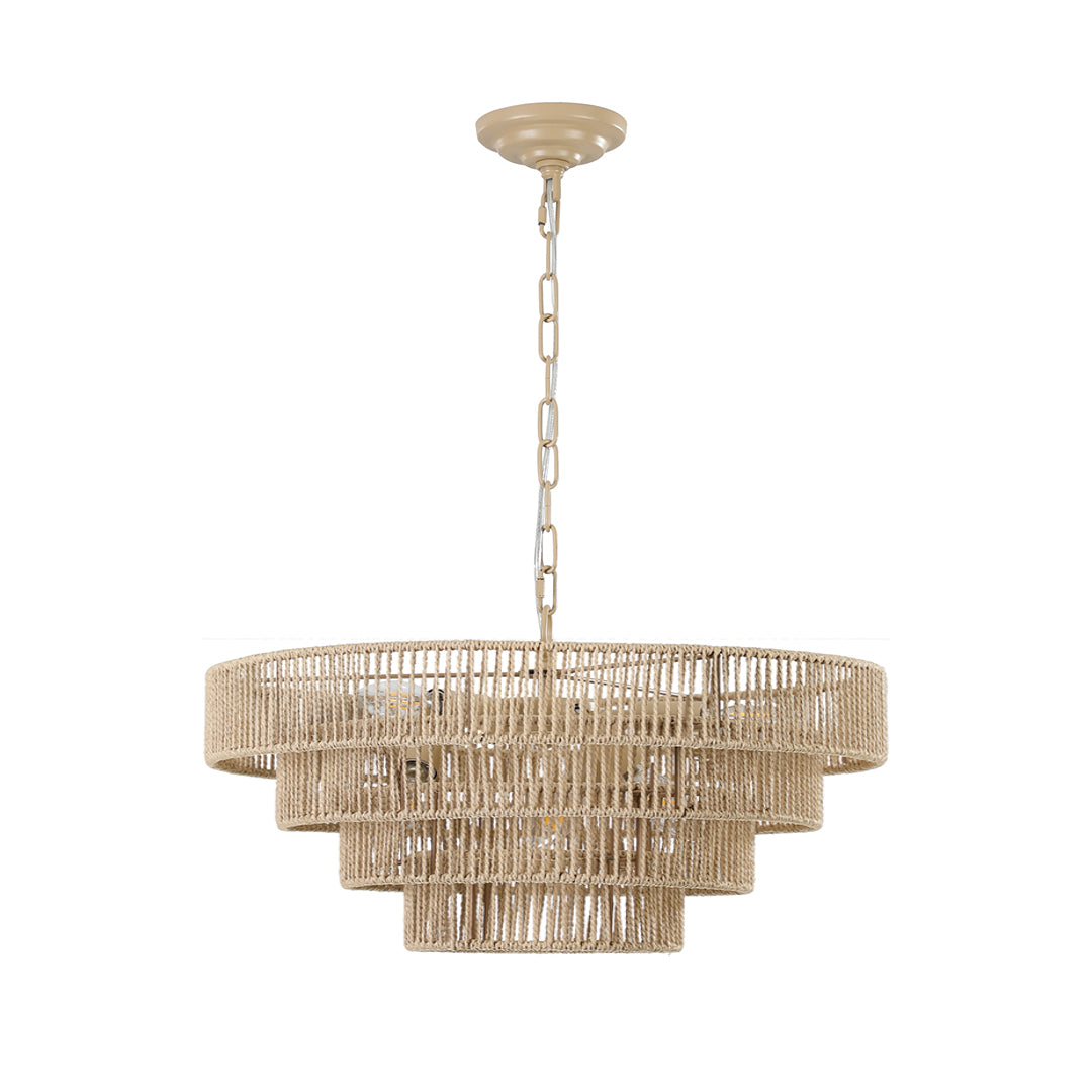 Japanese style chandelier with natural wood and crystal beads, featuring a minimalist two-tier design.
