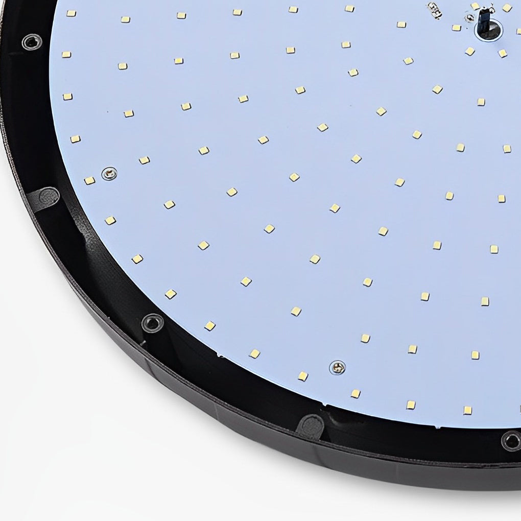 Close-up of LED panel inside a UFO solar street light fixture.