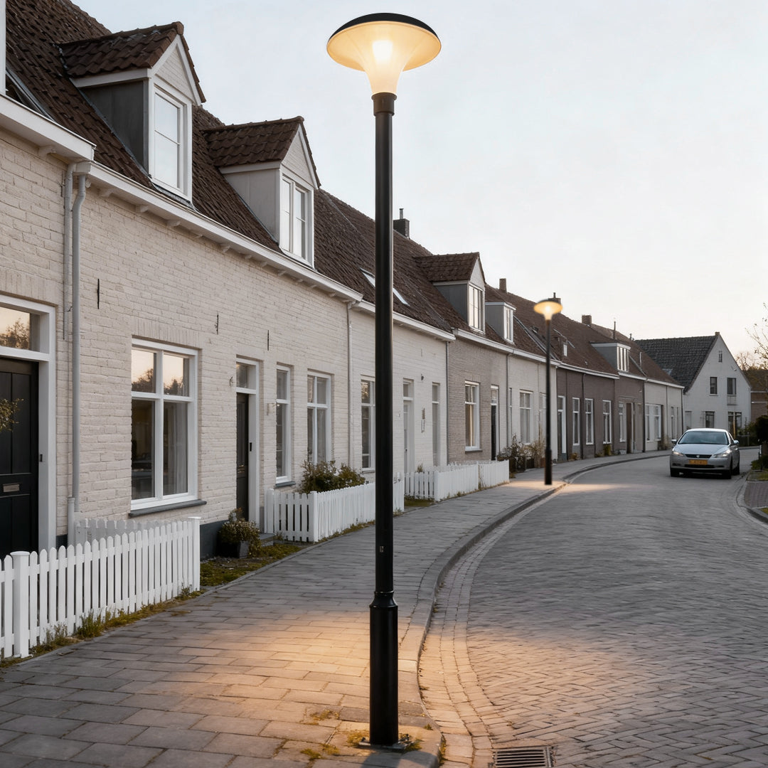 UFO style solar street light installed along a residential cobblestone street during daytime.
