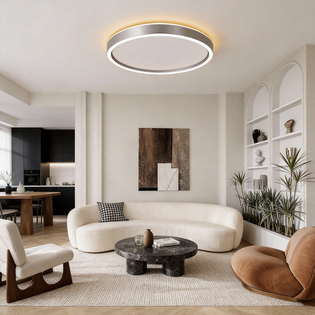 Ultra thin LED ceiling light installed in a modern living room.