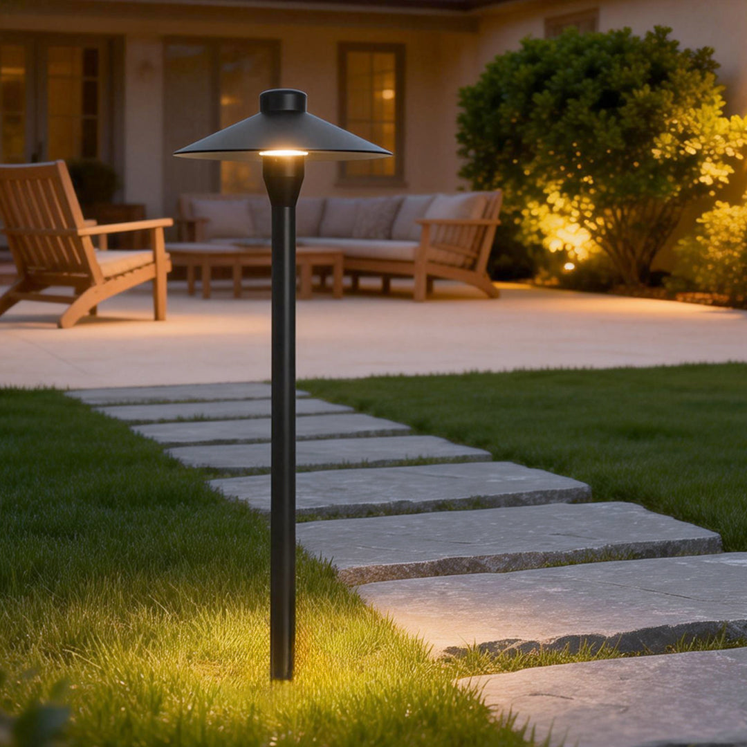 Umbrella path lamp enhancing a contemporary outdoor patio with elegant ambient light.