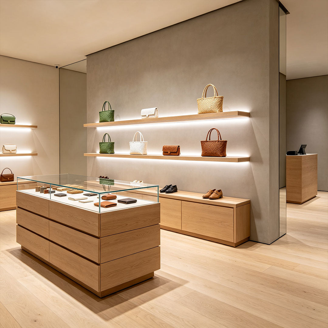 Undercabinet LED lighting illuminating retail display shelves with bright and uniform product visibility.