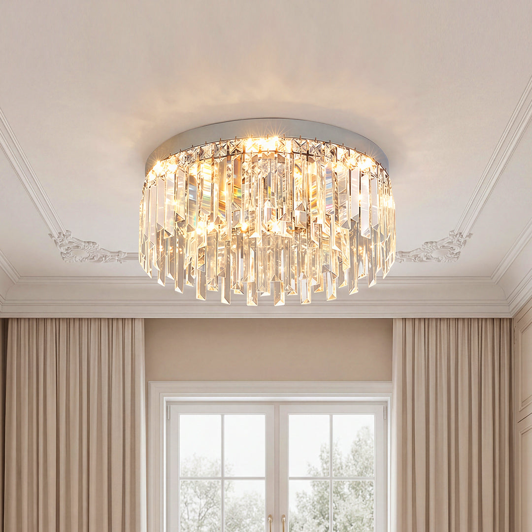 Unique crystal chandeliers with cascading amber and clear droplets on a silver flush mount.