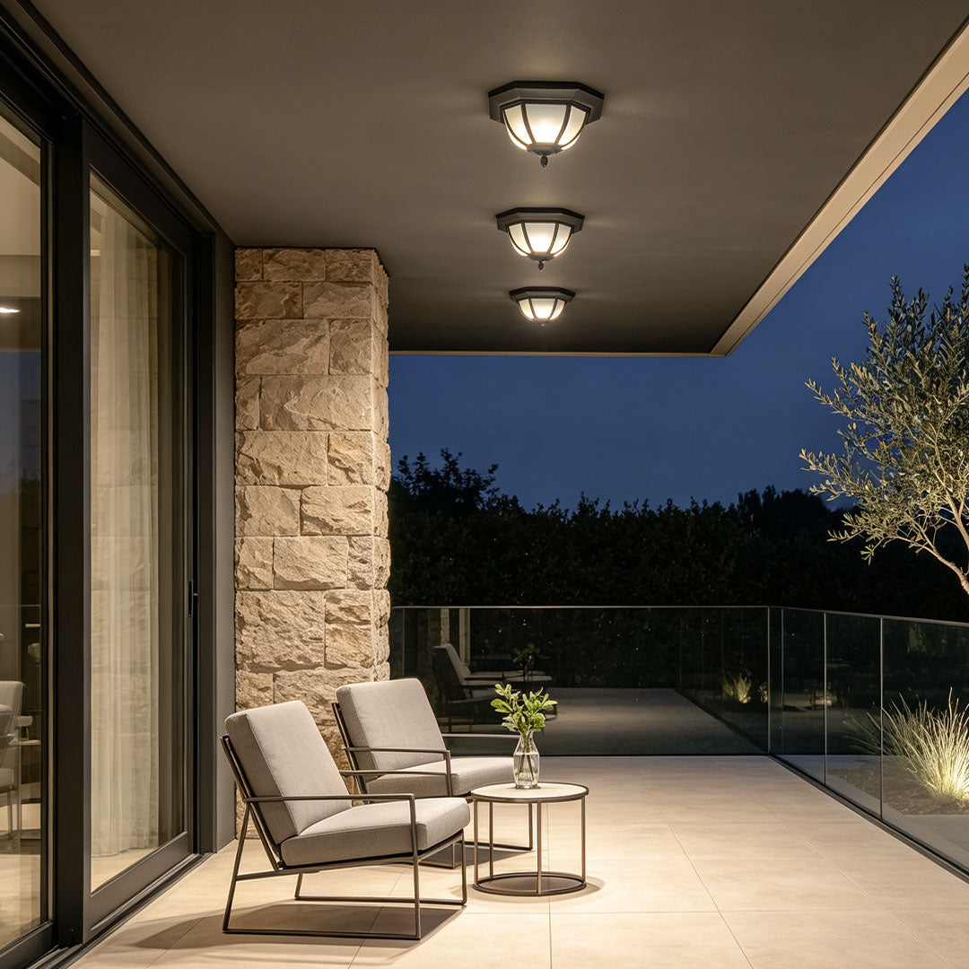 Unique flush mount lighting arranged along a contemporary covered patio with outdoor seating.