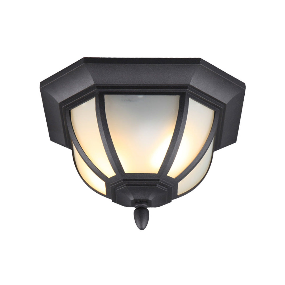 Unique flush mount lighting with a black octagonal frame, curved glass panels, and warm illumination.