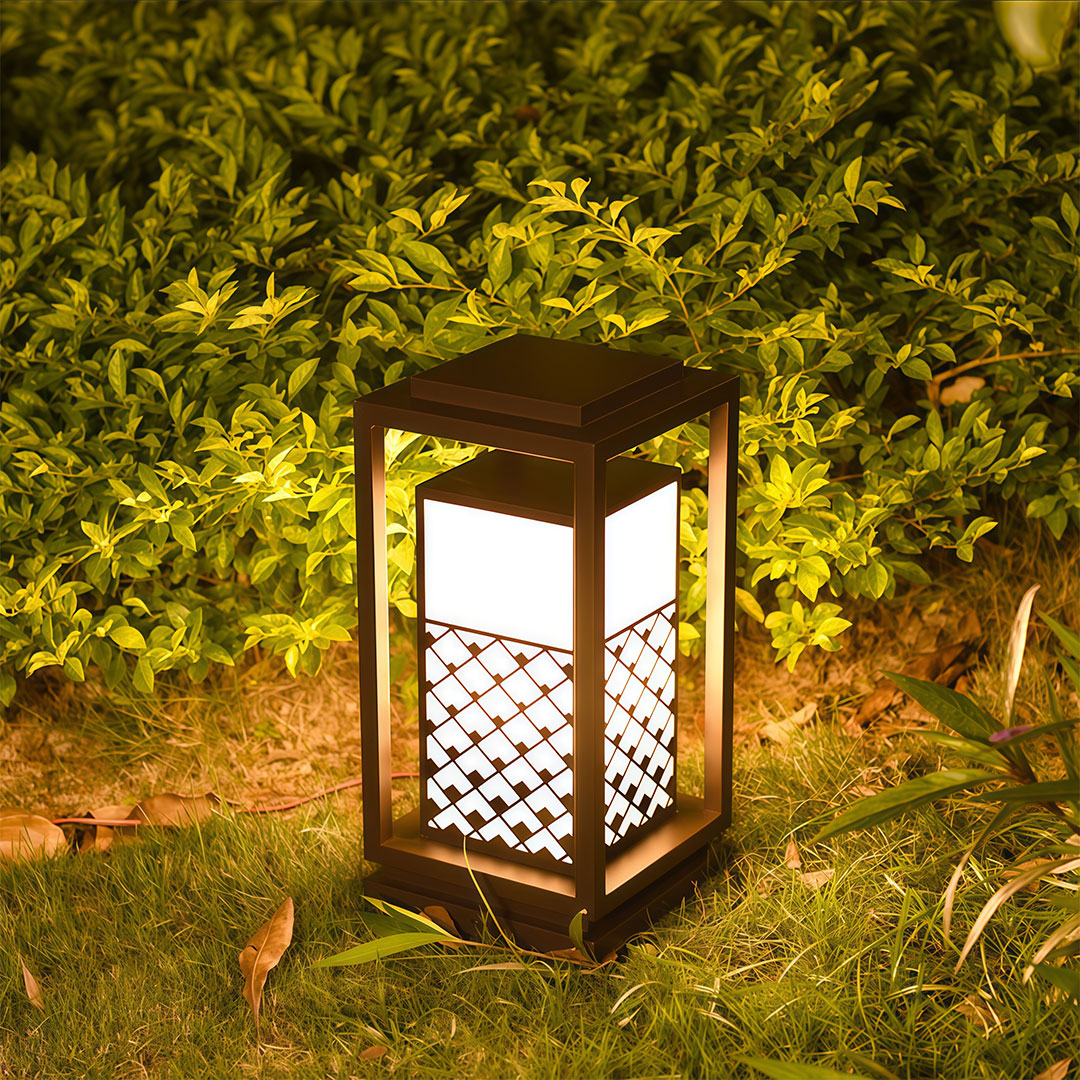 Bollard light fixture featuring a unique lattice pattern, designed to enhance outdoor spaces with a modern touch.