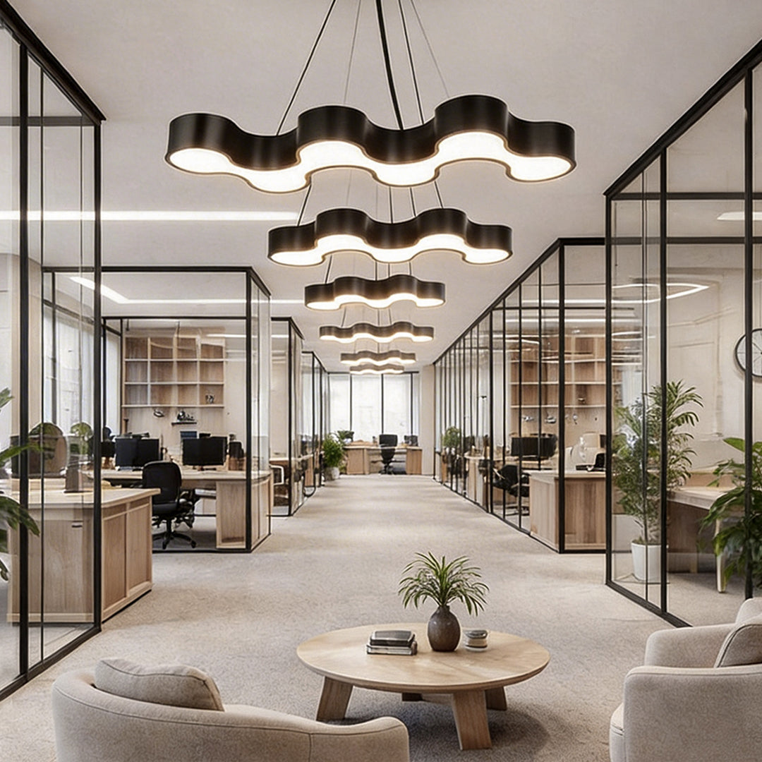Unique modern chandelier providing stylish light in a modern co-working space.