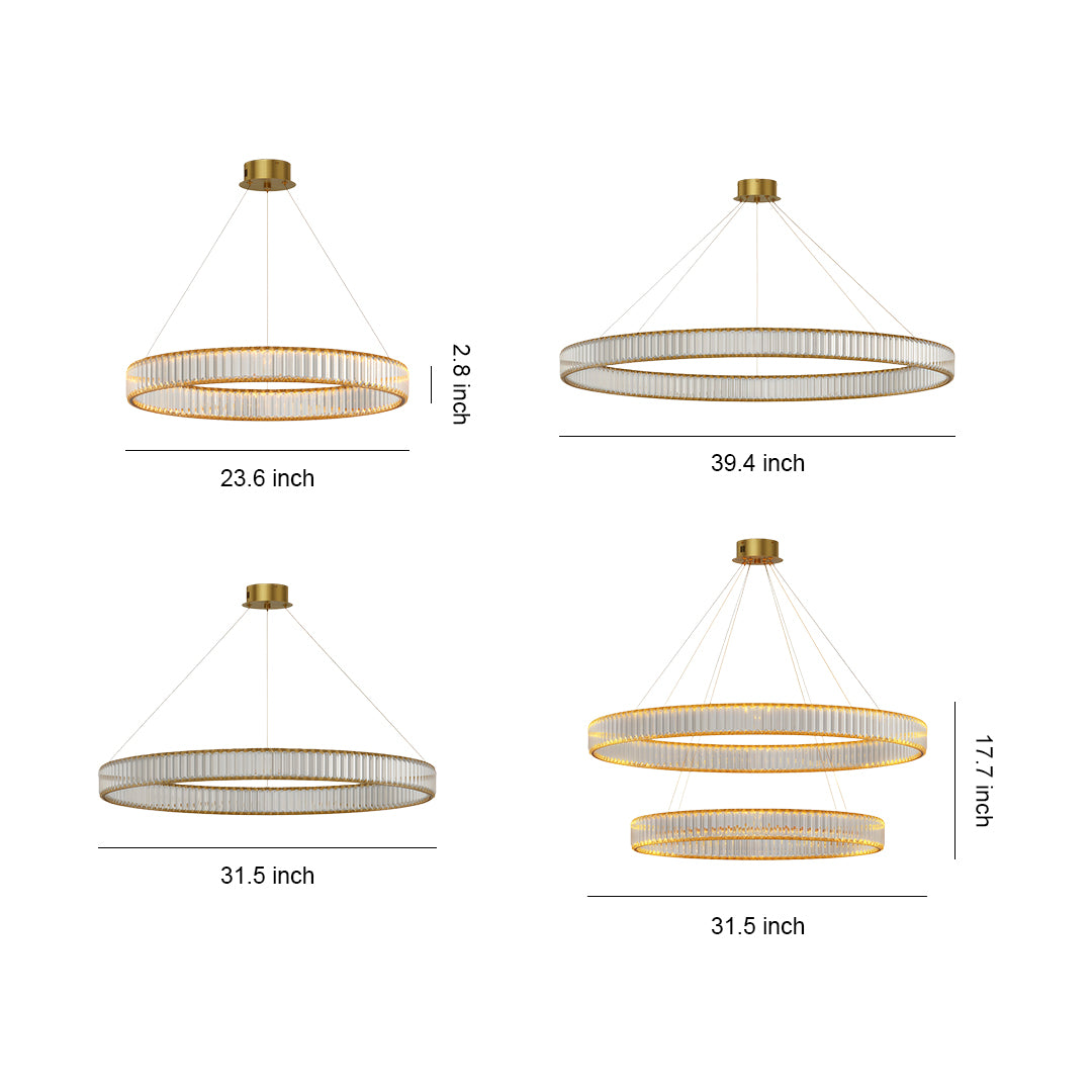 Unique modern chandeliers specification diagram showing multiple size options with dimensions