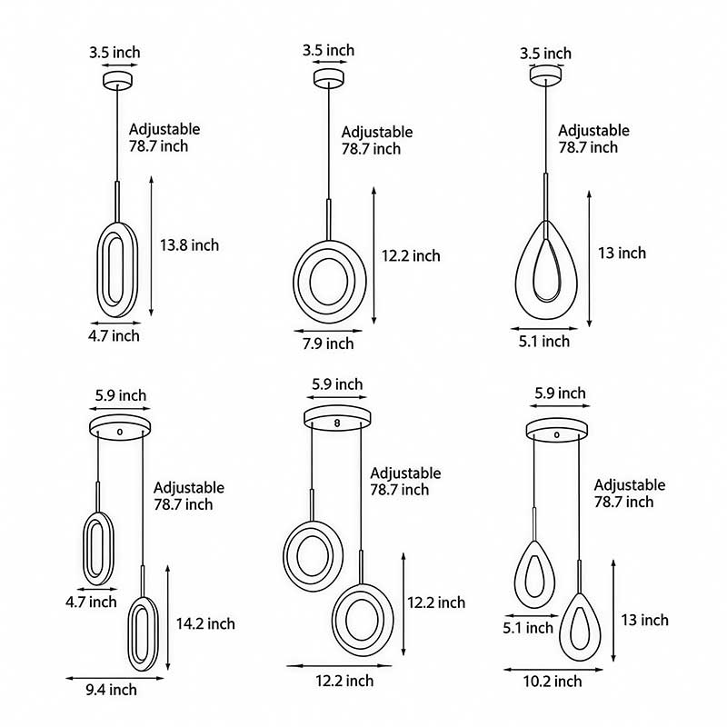 Unique pendant light dimension diagram showing sizes and adjustable height options.
