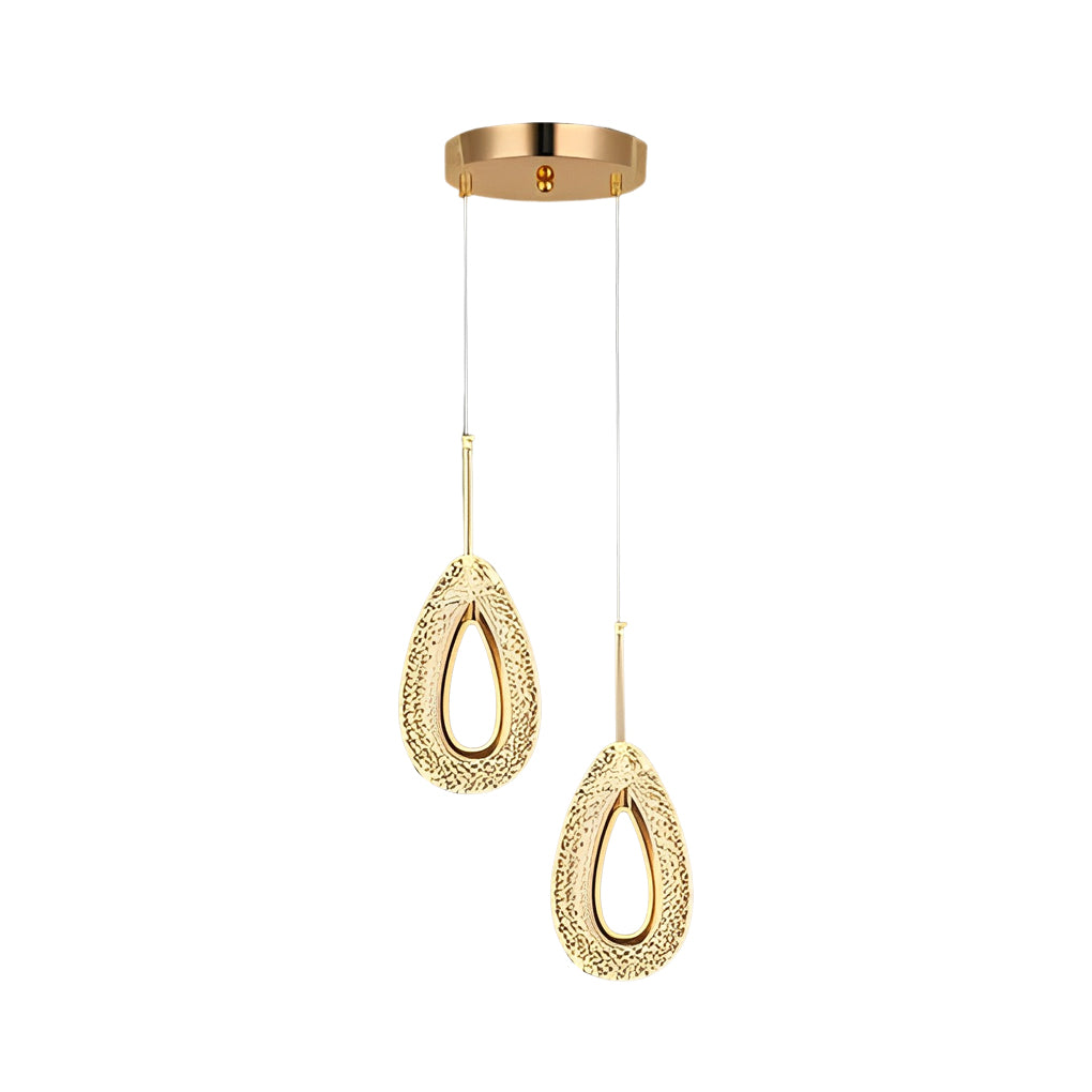Two unique pendant lights with adjustable hanging height on white background.