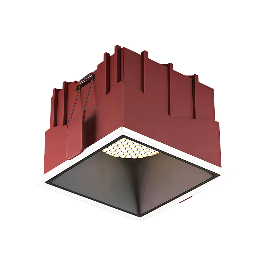 Unique recessed square led downlights model featuring a deep red housing and a black internal baffle.