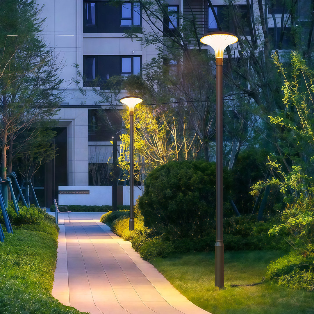 Unique street lighting fixture casting warm light along a pathway in an urban park.
