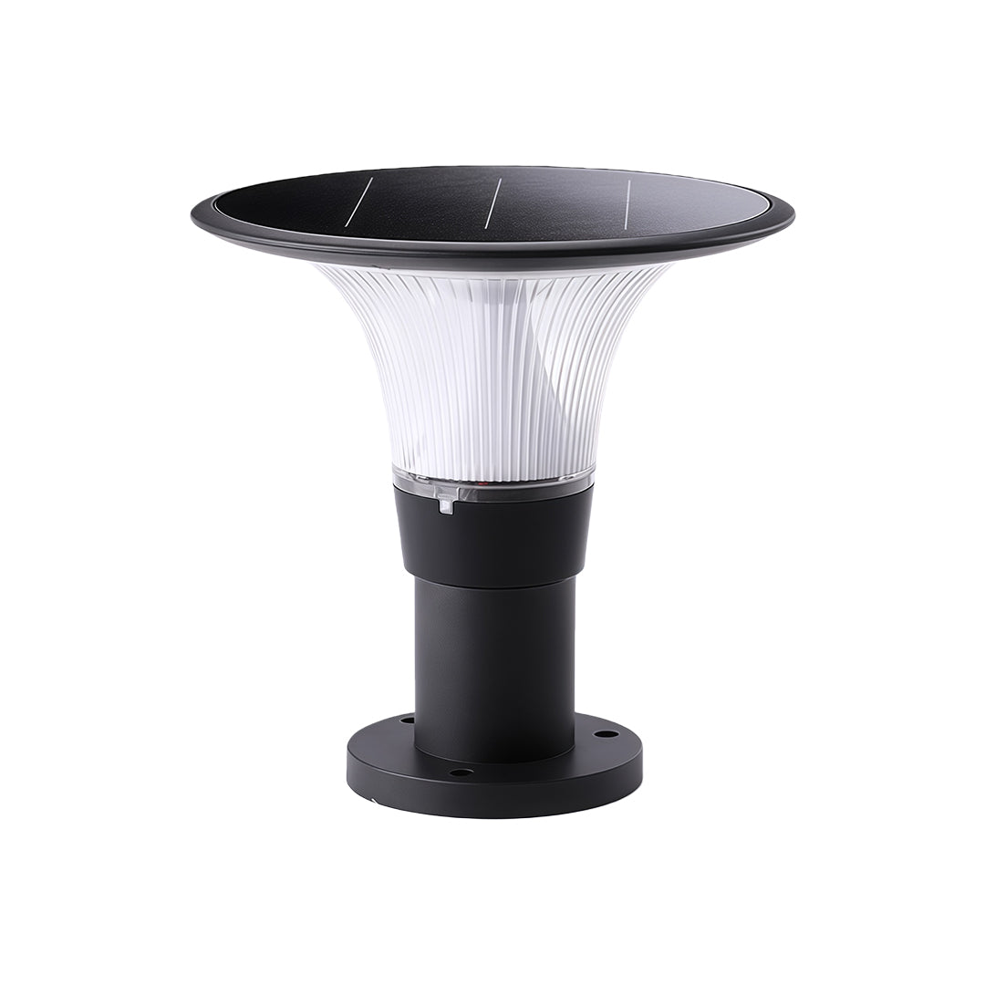 Unlit product photo of the modern fence post cap lights with a 'halo' solar panel and round mounting base.