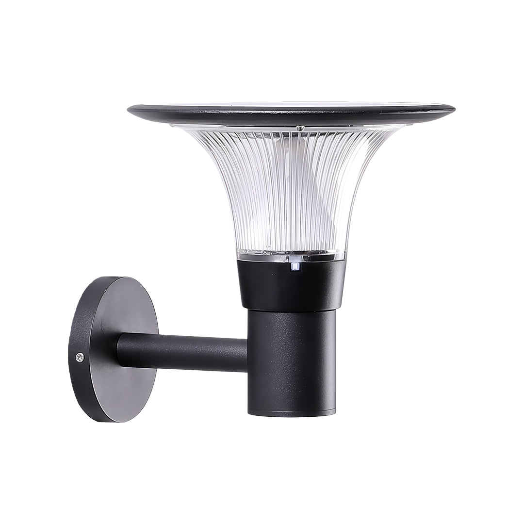 Unlit product photo of the black outdoor solar wall sconce isolated on a white background.