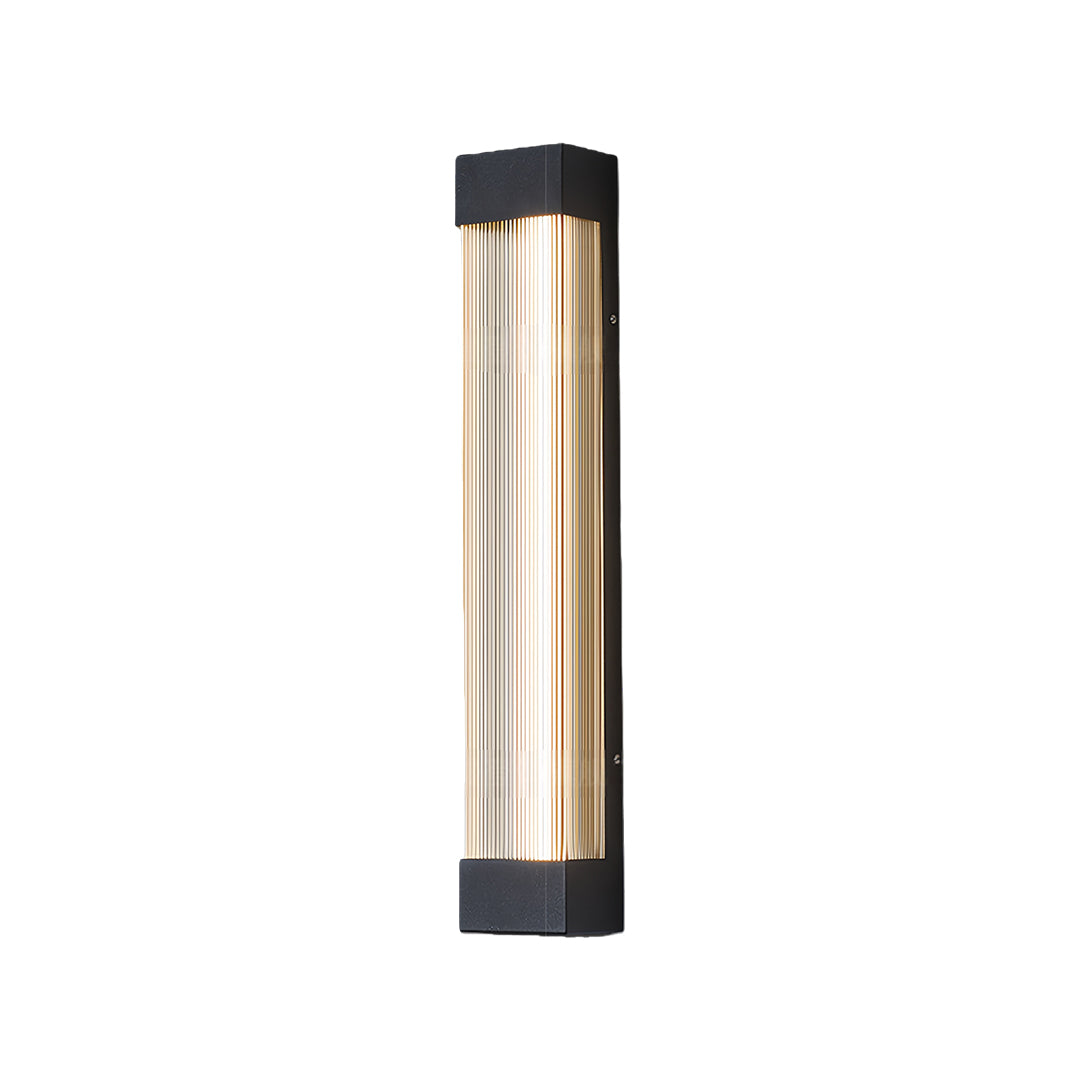 Unlit product view of the vertical linear outdoor sconce, highlighting the clear diffuser and black frame.
