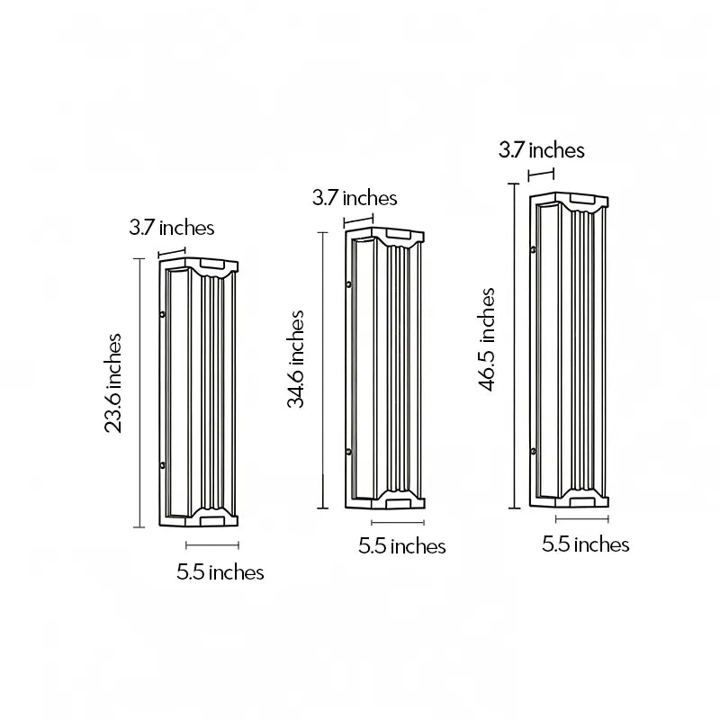 Up and down light wall sconce dimension drawing showing multiple size options and fixture measurements.