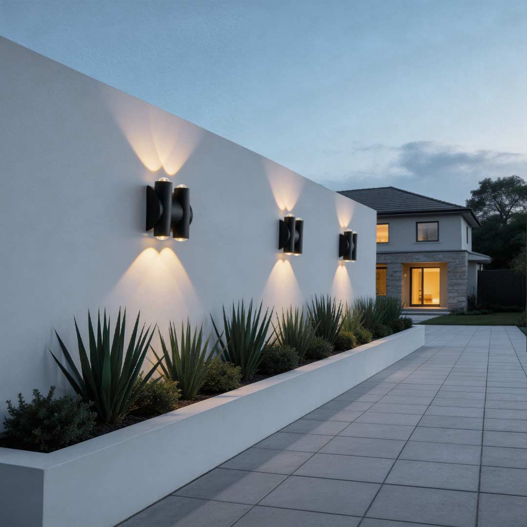 Up and down light wall sconce enhancing a contemporary outdoor wall with elegant ambient light.