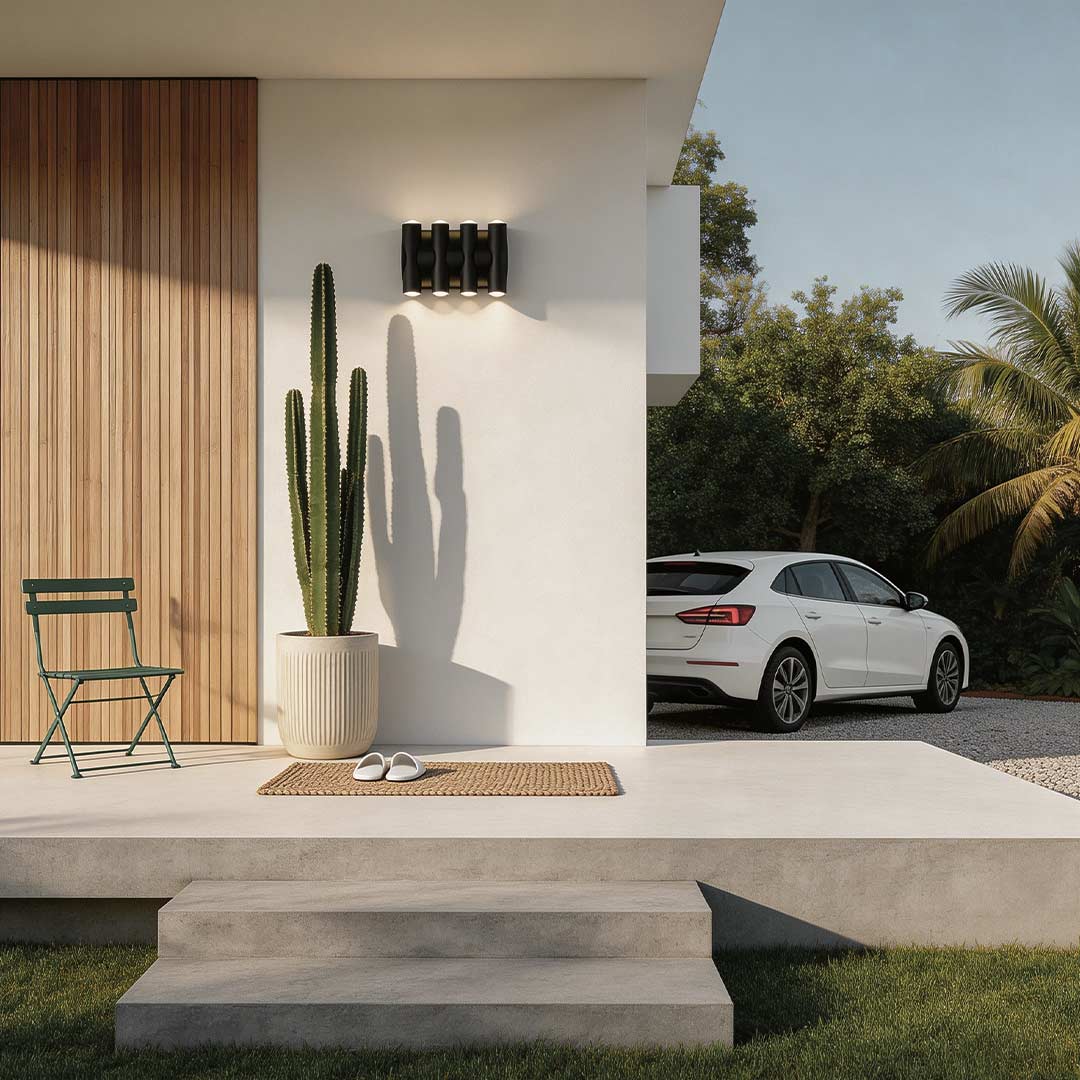 Up and down light wall sconce illuminating a modern house entrance with warm directional glow.