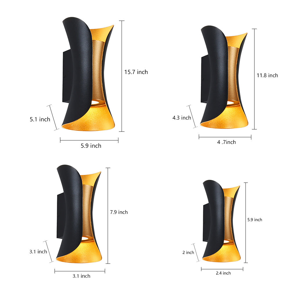 Set of four up down lighting wall lights with detailed dimensions in black and gold finish for indoor or outdoor use.