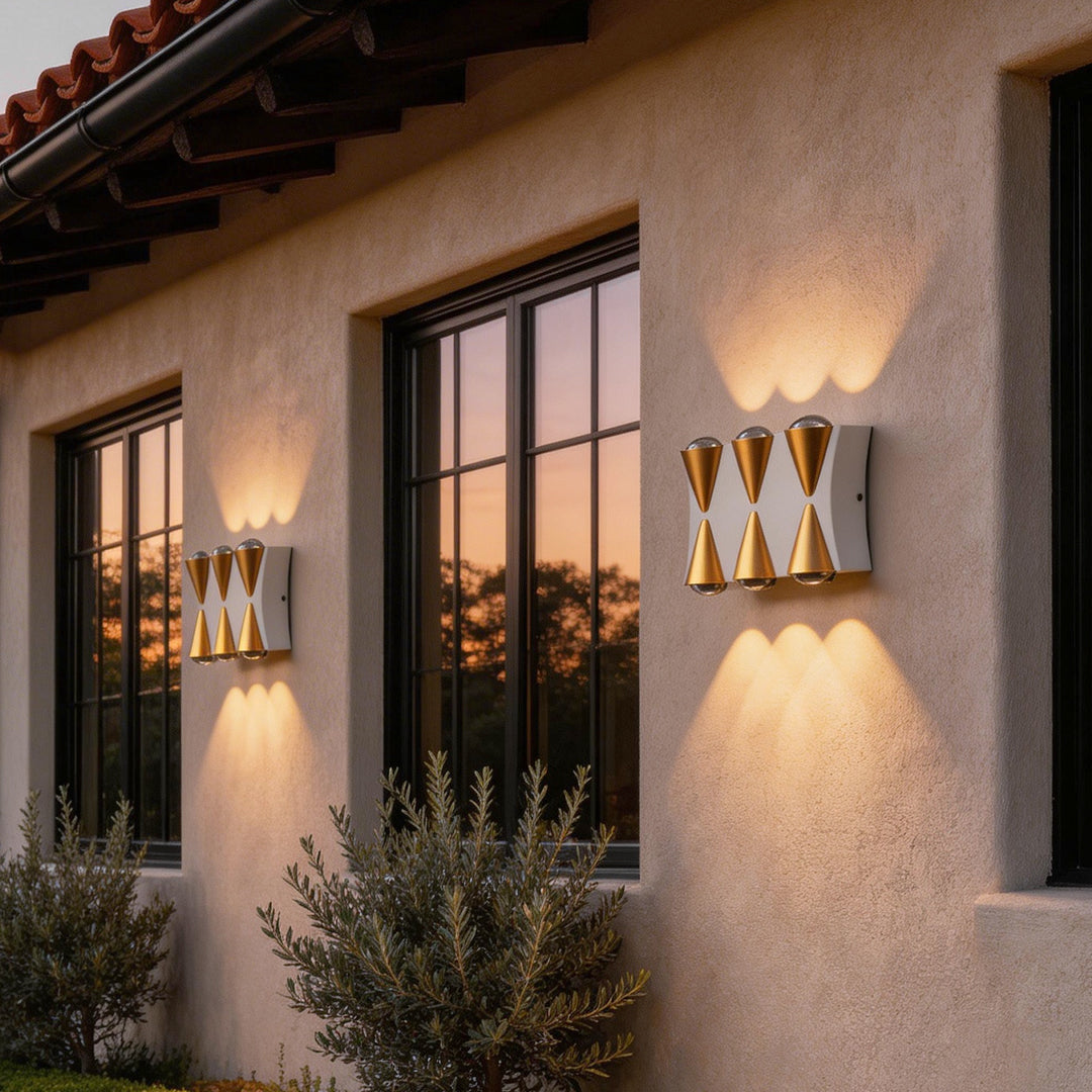 Up down lighting wall lights with a contemporary design, illuminating a balcony area.
