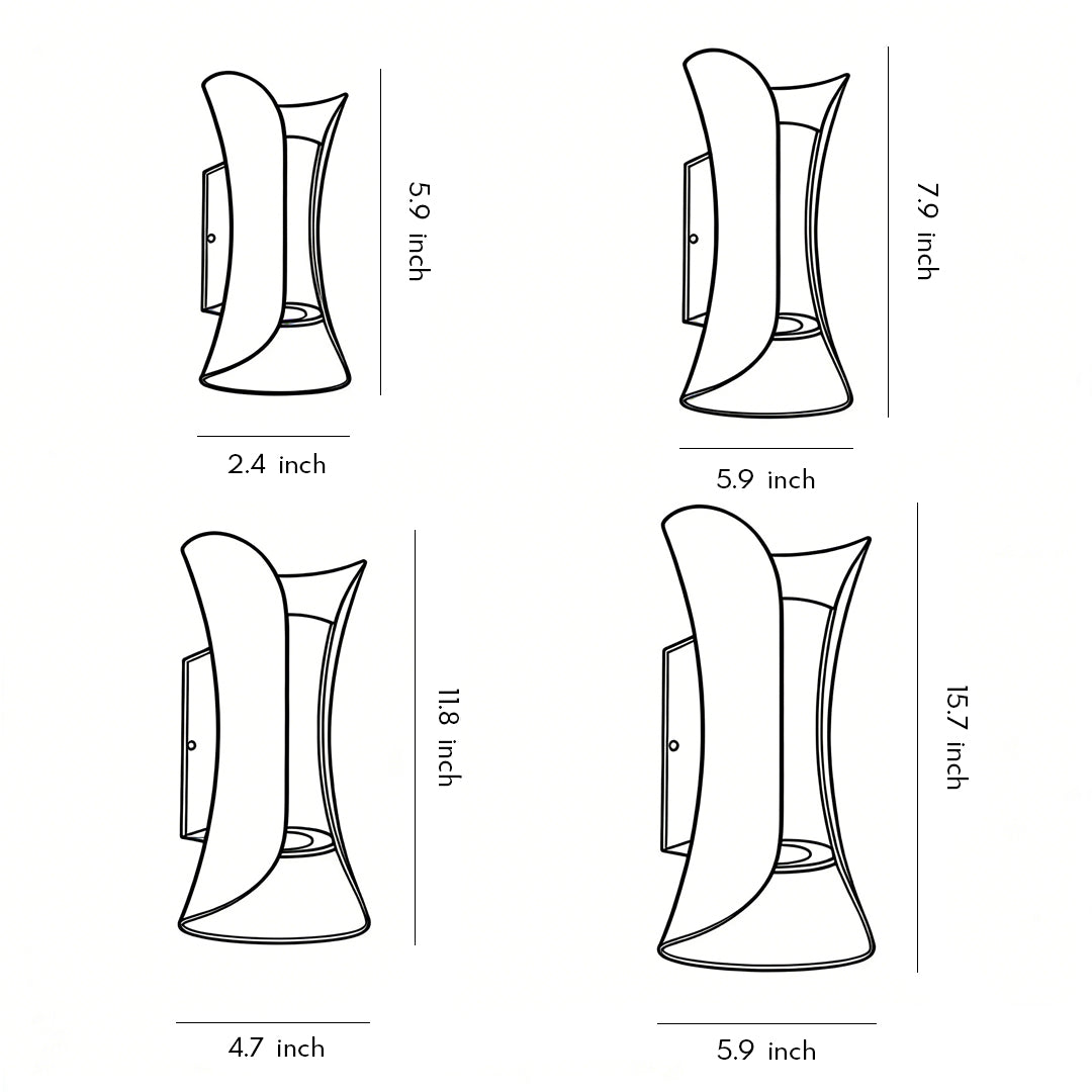 Dimension diagram of up down lighting wall lights with four size options: 5.9, 7.9, 11.8, and 15.7 inches.
