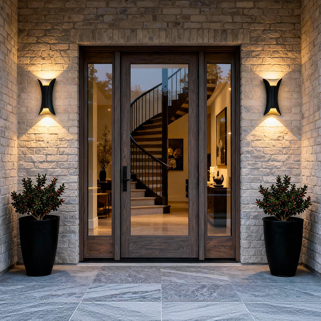 Modern up down lighting wall lights installed at the entrance, casting warm light on stone walls and glass door.