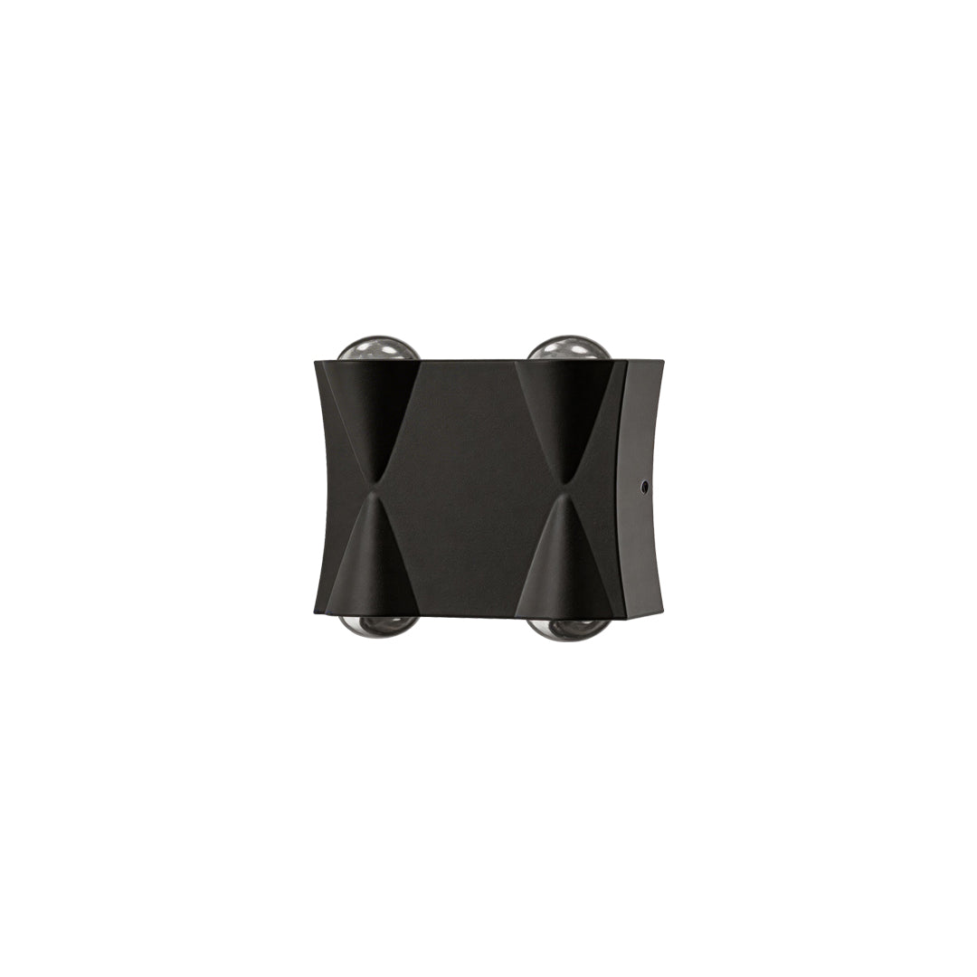 Up down lighting wall lights with a sleek black design, mounted on a white wall.